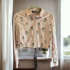 ZARA WOMAN Cotton Pink Striped Cropped Kitty Cat Top Shirt‎ S